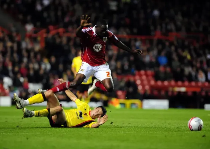 Framed Print : Bristol City's Albert Adomah Foul by Don Cowie in Championship Match vs. Watford (Sept. 14, 2010)