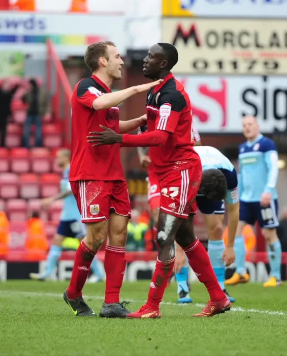 Framed Print : Bristol City's Albert Adomah and Liam Kelly Celebrate Goal Against Middlesbrough, March 9, 2013 Framed Print : Bristol City's Albert Adomah and Liam Kelly Celebrate Goal Against Middlesbrough, March 9, 2013