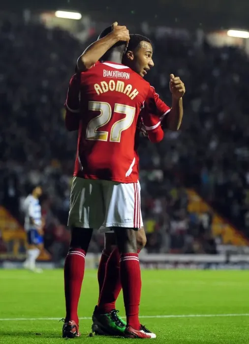 Framed Print : Bristol City's Albert Adomah and Nicky Maynard Celebrate Goal vs. Reading - Championship Match, 2011 Framed Print : Bristol City's Albert Adomah and Nicky Maynard Celebrate Goal vs. Reading - Championship Match, 2011