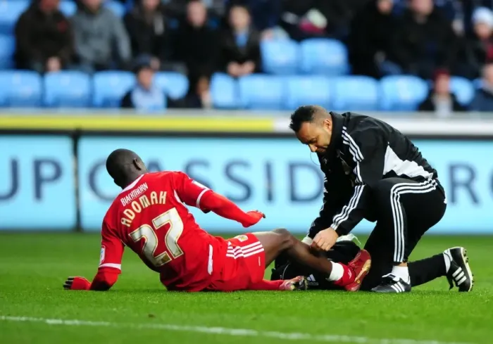 Framed Print : Bristol City's Albert Adomah Receives Penalty Area Treatment in Coventry City vs. Bristol City Championship Match (December 2011) Framed Print : Bristol City's Albert Adomah Receives Penalty Area Treatment in Coventry City vs. Bristol City Championship Match (December 2011)