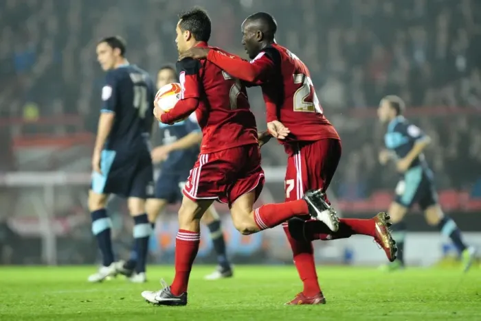 Framed Print : Bristol City's Albert Adomah and Sam Baldock Celebrate Penalty Goal Against Burnley, Championship 2012