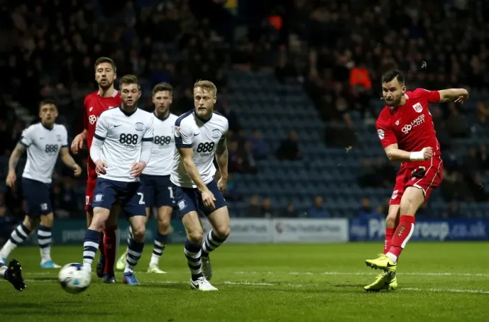 Framed Print : Bristol City's Bailey Wright Fires a Shot at Goal vs. Preston North End, Sky Bet Championship (April 4, 2017)