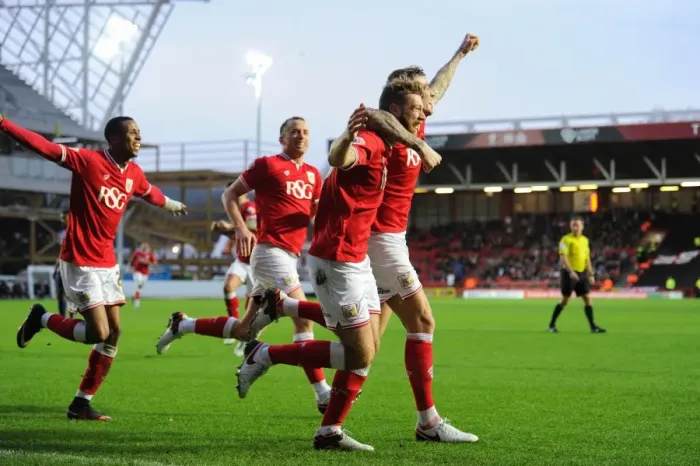 Framed Print : Bristol City's Baker and Flint Celebrate Goal Against Charlton Athletic (December 2015) Framed Print : Bristol City's Baker and Flint Celebrate Goal Against Charlton Athletic (December 2015)