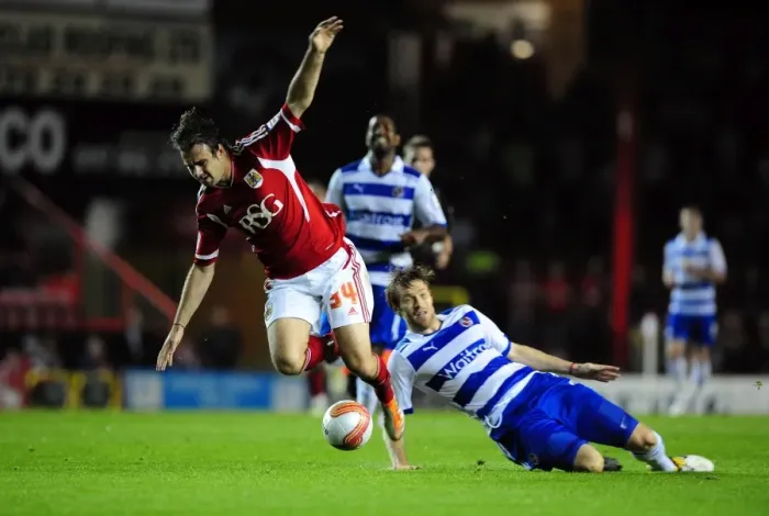 Framed Print : Bristol City's Brett Pitman Fouls by Kaspars Gorkss in Championship Match vs. Reading (September 27, 2011) Framed Print : Bristol City's Brett Pitman Fouls by Kaspars Gorkss in Championship Match vs. Reading (September 27, 2011)