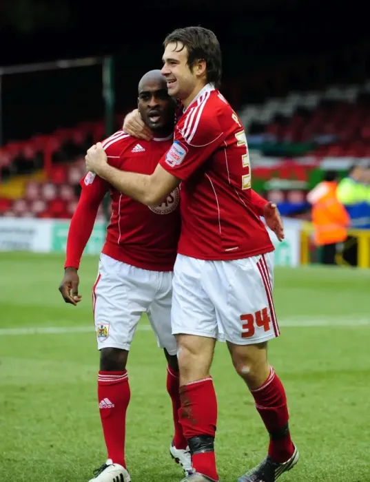 Framed Print : Bristol City's Brett Pitman and Jamal Campbell-Ryce Celebrate Goal Against Cardiff City - Championship Match, January 1, 2011 - Ashton Gate Stadium Framed Print : Bristol City's Brett Pitman and Jamal Campbell-Ryce Celebrate Goal Against Cardiff City - Championship Match, January 1, 2011 - Ashton Gate Stadium