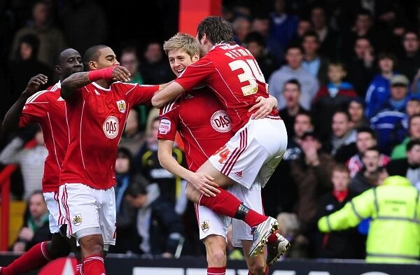 Bristol City's Brett Pitman and Jon Stead Celebrate Goal Against Cardiff City - Championship Match, January 1, 2011 - Ashton Gate Stadium