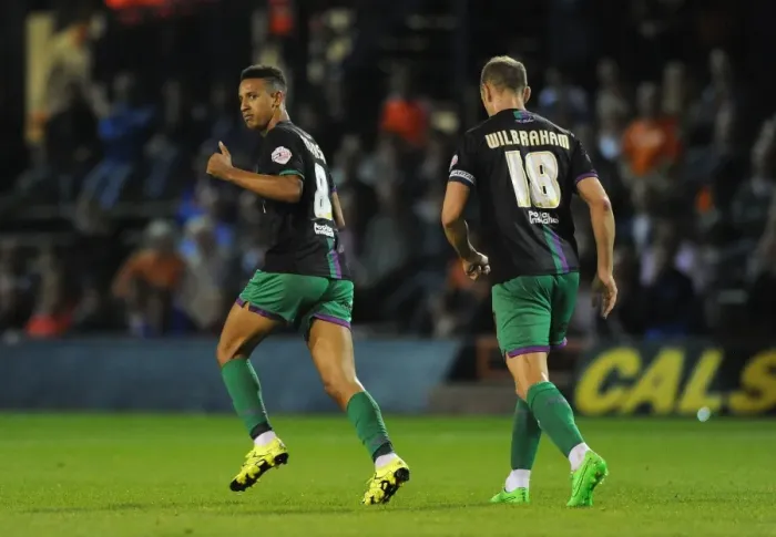 Framed Print : Bristol City's Callum Robinson Celebrates 3-1 Goal Against Luton Town, Capital One Cup 2015