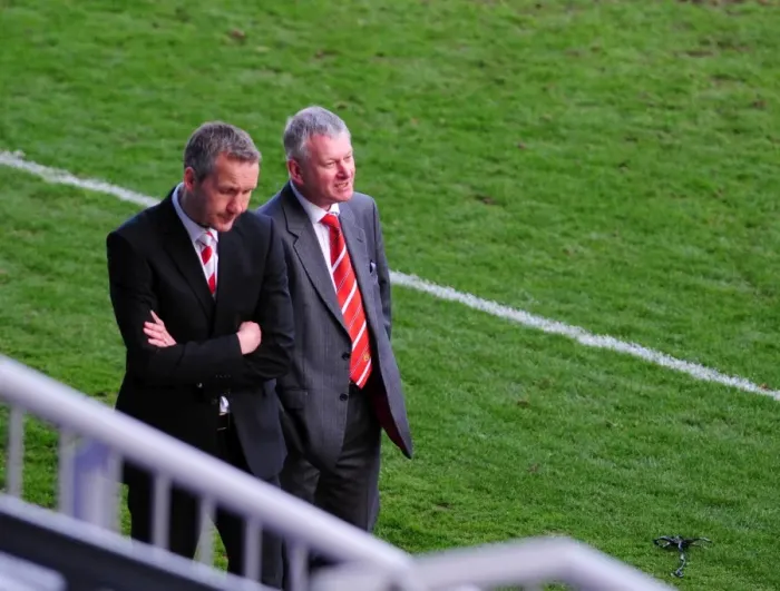 Framed Print : Bristol City's Championship Victory: Keith Millen and Steve Lansdown Celebrate One-Nil Win over Peterborough United (2010)