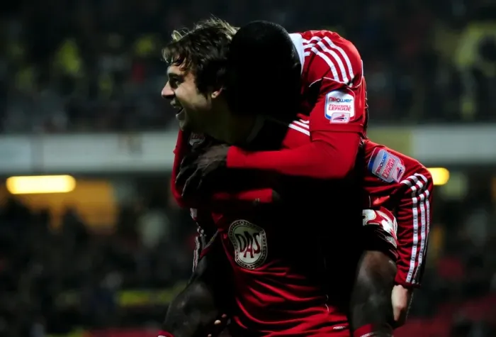Framed Print : Bristol City's Championship-Winning Moment: Brett Pitman and Albert Adomah's Unforgettable Celebration at Vicarage Road Stadium (2011)
