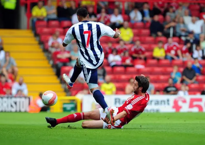 Framed Print : Bristol City's Cole Skuse Tackles Jerome Thomas in Championship Clash vs. West Brom, 2011 Framed Print : Bristol City's Cole Skuse Tackles Jerome Thomas in Championship Clash vs. West Brom, 2011