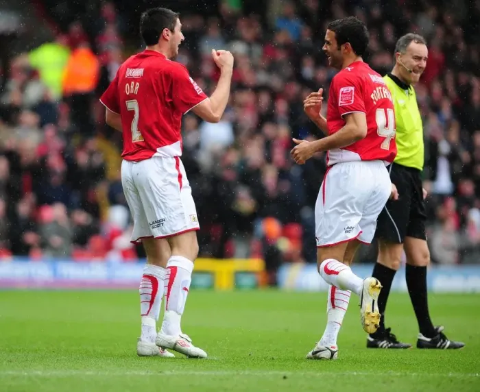 Framed Print : Bristol City's Controversial Goal Celebration: Liam Fontaine and Bradley Orr Claiming the Opener against Nottingham Forest in 2010