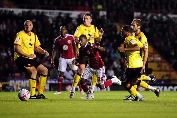 Bristol City's Danny Rose Fights for Penalty in Championship Showdown against Watford (Sept 14, 2010)