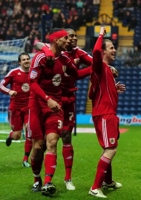 Framed Print : Bristol City's David Clarkson: Celebrating the Championship-Winning Goal Against Preston North End (05 / 02 / 2011)