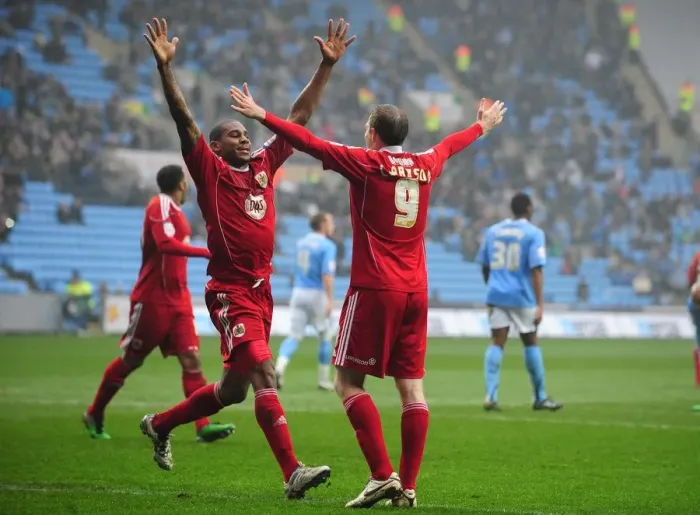 Framed Print : Bristol City's David Clarkson and Marvin Elliott Celebrate Goal Against Coventry City - Championship Match, 5th March 2011 Framed Print : Bristol City's David Clarkson and Marvin Elliott Celebrate Goal Against Coventry City - Championship Match, 5th March 2011