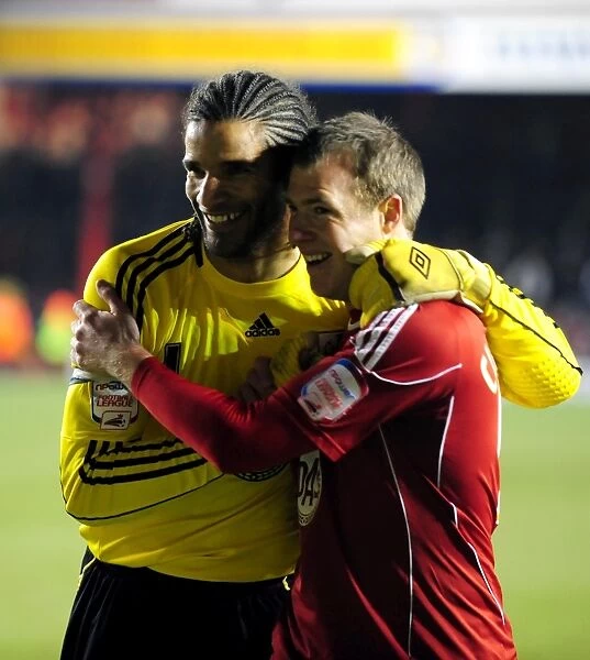 Bristol City's David James and David Clarkson Celebrate Goal vs. Cardiff City (01.01.2011)