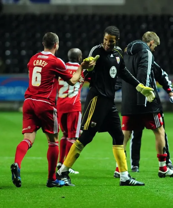 Framed Print : Bristol City's David James and Louis Carey Celebrate Championship Victory Over Swansea City (10 / 11 / 2010)