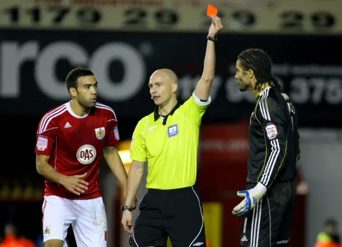 Framed Print : Bristol City's David James Sent Off: Shocking Moment during Bristol City v Middlesbrough Championship Match, Ashton Gate Stadium (January 15, 2011)