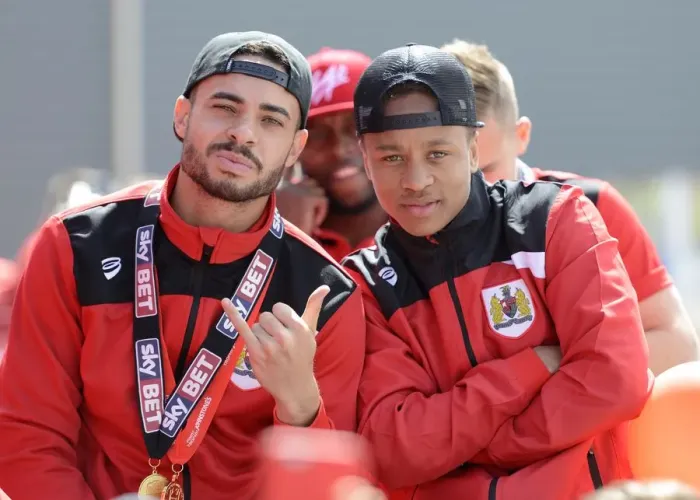 Framed Print : Bristol City's Derrick Williams and Bobby Reid Celebrate Promotion to Championship