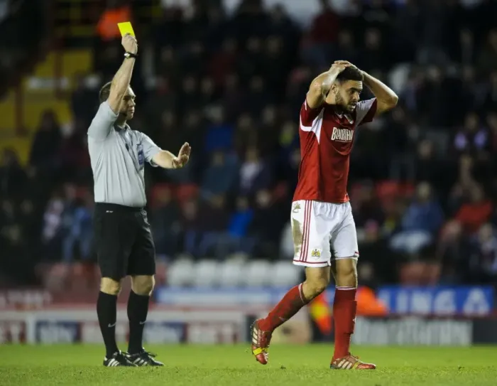 Framed Print : Bristol City's Derrick Williams Shown Yellow Card vs. Stevenage (December 2013)
