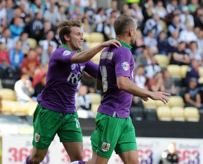 Framed Print : Bristol City's Double Celebration: Wilbraham and Freeman Score in Notts County Victory Framed Print : Bristol City's Double Celebration: Wilbraham and Freeman Score in Notts County Victory