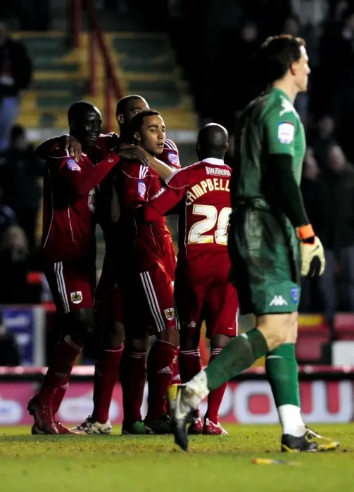 Framed Print : Bristol City's Double Delight: Nicky Maynard and Team Celebrate Portsmouth's Own Goal (08-03-2011, Championship) Framed Print : Bristol City's Double Delight: Nicky Maynard and Team Celebrate Portsmouth's Own Goal (08-03-2011, Championship)