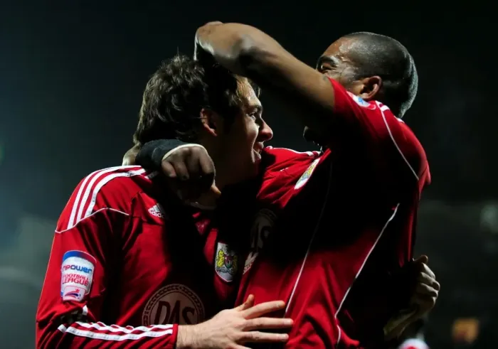 Framed Print : Bristol City's Double Trouble: Brett Pitman and Marvin Elliott Celebrate Winning Goals Against Watford (22 / 02 / 2011) Framed Print : Bristol City's Double Trouble: Brett Pitman and Marvin Elliott Celebrate Winning Goals Against Watford (22 / 02 / 2011)