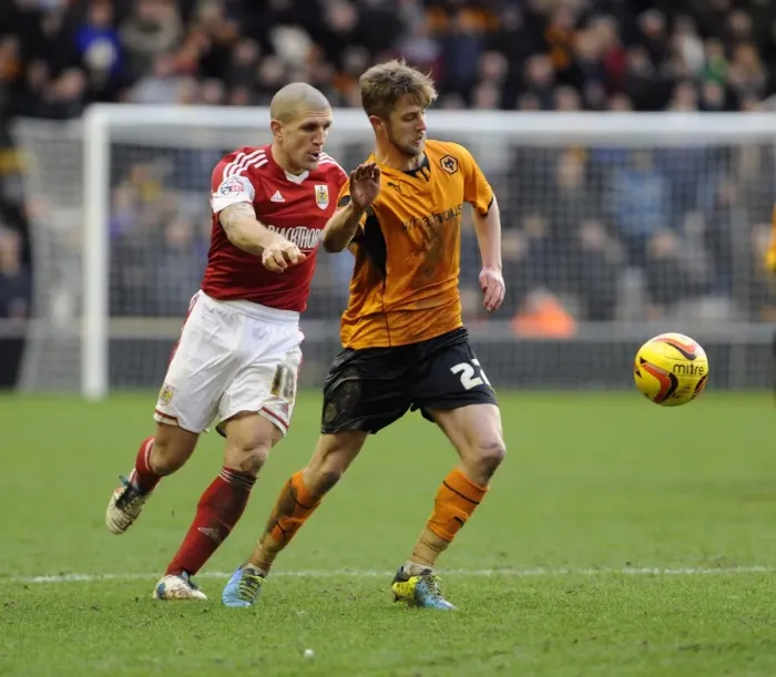Framed Print : Bristol City's El-Abd Closes In on Jacobs in Wolves-Bristol City Showdown, Sky Bet League One, 2014