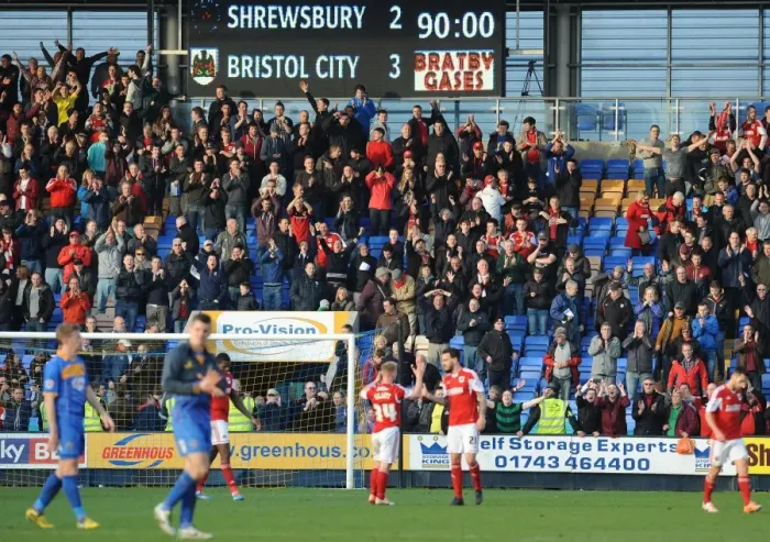 Framed Print : Bristol City's Euphoric Celebration: 2-3 Win at Shrewsbury Town Framed Print : Bristol City's Euphoric Celebration: 2-3 Win at Shrewsbury Town
