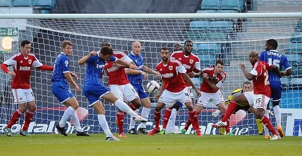 Bristol City's Frank Fielding Witnesses Chris Whelpdale's Missed Goal vs. Gillingham (06.08.2013)