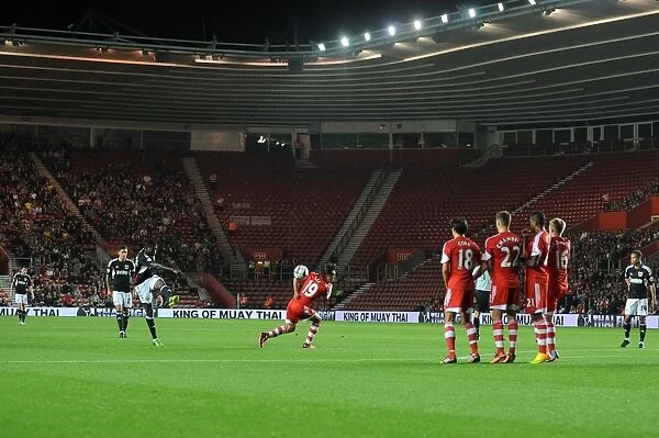 Bristol City's Free Kick Thwarted by Tadanari Lee of Southampton - Football Rivalry at St Mary's Stadium