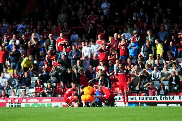 Framed Print : Bristol City's George Elokobi Suffers Grisly Injury During Championship Match Against Leeds United (September 2012) Framed Print : Bristol City's George Elokobi Suffers Grisly Injury During Championship Match Against Leeds United (September 2012)
