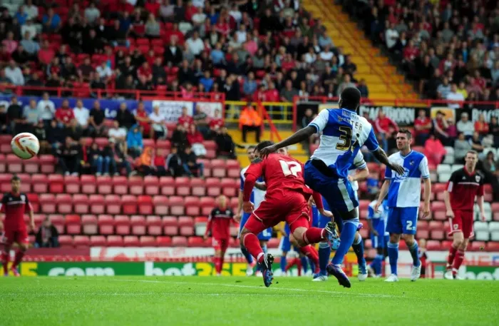 Framed Print : Bristol City's Greg Cunningham Narrowly Misses Goal in Louis Carey Testimonial Match vs. Bristol Rovers (August 4, 2012)