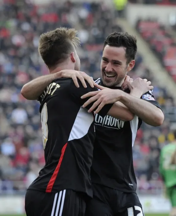 Framed Print : Bristol City's Greg Cunningham Scores and Celebrates at Rotherham United's New York Stadium, March 2014