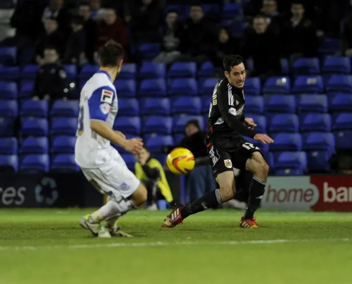 Framed Print : Bristol City's Greg Cunningham Sends a Cross into the Box during Tranmere vs. Bristol City Football Match, Sky Bet League One, November 16, 2013 Framed Print : Bristol City's Greg Cunningham Sends a Cross into the Box during Tranmere vs. Bristol City Football Match, Sky Bet League One, November 16, 2013