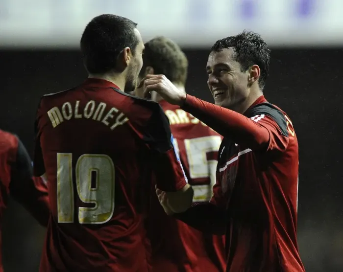 Framed Print : Bristol City's Gregg Cunningham and Brendan Moloney Celebrate Goal vs. Watford (January 2013) Framed Print : Bristol City's Gregg Cunningham and Brendan Moloney Celebrate Goal vs. Watford (January 2013)
