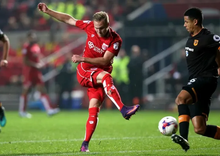 Framed Print : Bristol City's Gustav Engvall Takes Shot Against Hull City in EFL Cup Clash Framed Print : Bristol City's Gustav Engvall Takes Shot Against Hull City in EFL Cup Clash