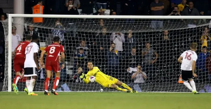 Framed Print : Bristol City's Ivan Lucic Saves Fulham's Cauley Woodrow's Penalty at Craven Cottage - EFL Cup Framed Print : Bristol City's Ivan Lucic Saves Fulham's Cauley Woodrow's Penalty at Craven Cottage - EFL Cup