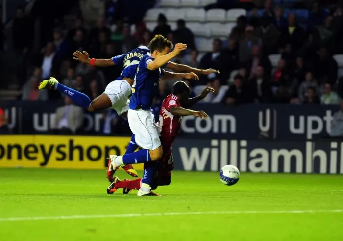 Framed Print : Bristol City's Jamal Campbell-Ryce Fouled by Gelson Fernandes for Penalty in Leicester City vs. Bristol City Championship Match, 2011 Framed Print : Bristol City's Jamal Campbell-Ryce Fouled by Gelson Fernandes for Penalty in Leicester City vs. Bristol City Championship Match, 2011
