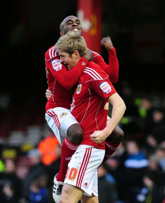 Framed Print : Bristol City's Jamal Campbell-Ryce and Jon Stead Celebrate Goal Against Cardiff City - Championship Match, January 1, 2011 - Ashton Gate Stadium