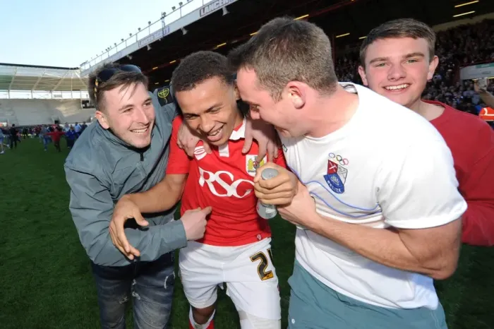 Framed Print : Bristol City's James Tavernier Celebrates Promotion with Ecstatic Fans Framed Print : Bristol City's James Tavernier Celebrates Promotion with Ecstatic Fans