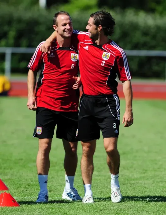 Framed Print : Bristol Citys Jamie McAllister with Bristol City Captain, Louis Carey