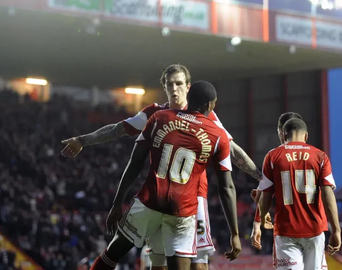 Framed Print : Bristol City's Jay Emmanuel-Thomas and Aden Flint Celebrate Goal Against Stevenage, Sky Bet League One, December 2013 Framed Print : Bristol City's Jay Emmanuel-Thomas and Aden Flint Celebrate Goal Against Stevenage, Sky Bet League One, December 2013