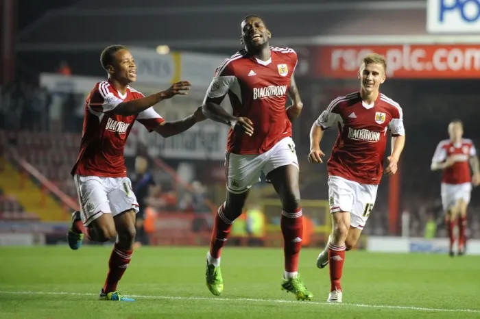 Framed Print : Bristol City's Jay Emmanuel-Thomas and Bobby Reid Celebrate Goal vs Crystal Palace, 2013 Framed Print : Bristol City's Jay Emmanuel-Thomas and Bobby Reid Celebrate Goal vs Crystal Palace, 2013
