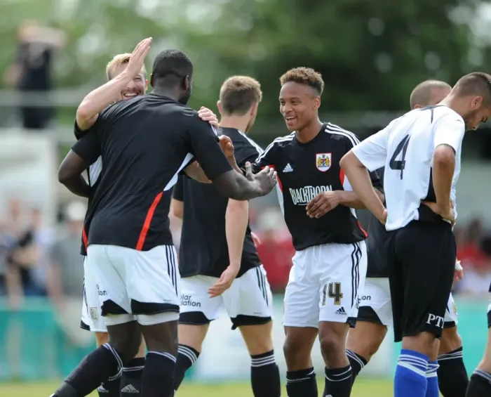 Framed Print : Bristol City's Jay Emmanuel-Thomas Celebrates Goal in Portishead Town Pre-Season Friendly Framed Print : Bristol City's Jay Emmanuel-Thomas Celebrates Goal in Portishead Town Pre-Season Friendly