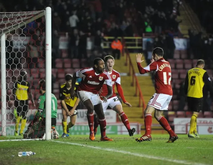 Framed Print : Bristol City's Jay Emmanuel-Thomas Celebrates Goal Against Watford in FA Cup Third Round Framed Print : Bristol City's Jay Emmanuel-Thomas Celebrates Goal Against Watford in FA Cup Third Round