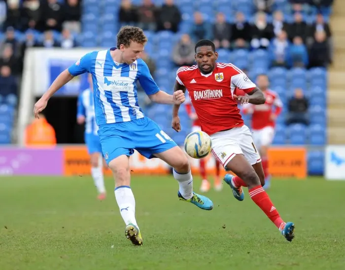 Framed Print : Bristol City's Jay Emmanuel-Thomas Chases Down Tom Eastman during Colchester United vs. Bristol City, Sky Bet League One (22 / 03 / 2014) Framed Print : Bristol City's Jay Emmanuel-Thomas Chases Down Tom Eastman during Colchester United vs. Bristol City, Sky Bet League One (22 / 03 / 2014)