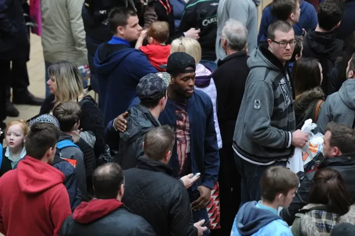 Framed Print : Bristol City's Jay Emmanuel-Thomas Engages with Fans at Cabot Circus during Johnstones Paint Trophy Match