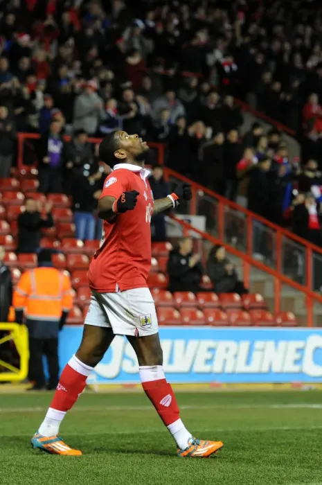 Framed Print : Bristol City's Jay Emmanuel-Thomas Euphorically Celebrates Goal Against Port Vale in Sky Bet League One