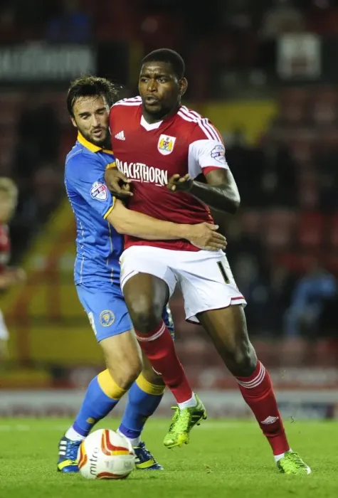 Framed Print : Bristol City's Jay Emmanuel-Thomas Foul by Aaron Wildig during Bristol City vs Shrewsbury Town Framed Print : Bristol City's Jay Emmanuel-Thomas Foul by Aaron Wildig during Bristol City vs Shrewsbury Town