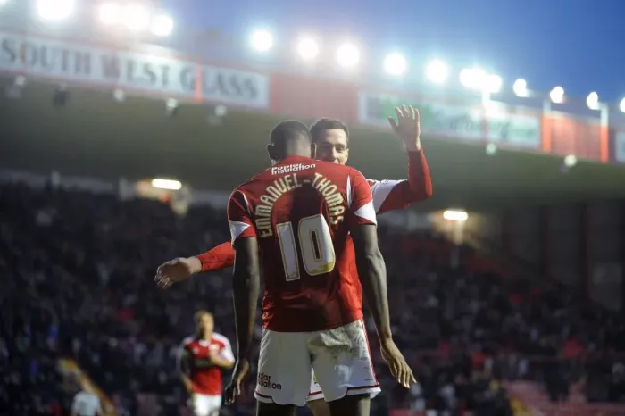Framed Print : Bristol City's Jay Emmanuel-Thomas and Greg Cunningham Celebrate Goal Against Stevenage, Sky Bet League One, 2013